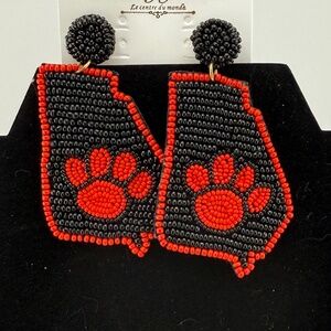 New Seed Bead State of Georgia Earrings with Red Paw Print